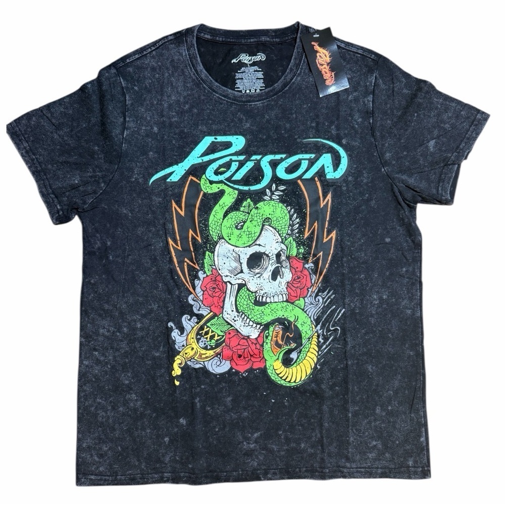 NWT Poison Band Shirt Large Mineral Wash Skull Snake Graphic Tee Official